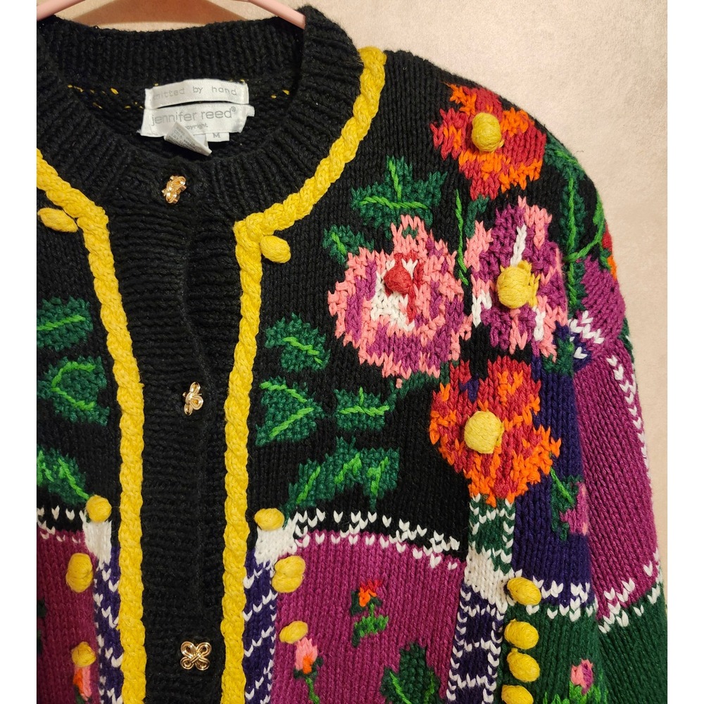 Jennifer Reed Vintage Hand Knit Floral Cardigan Pom Pom Shoulder Pads Medium - Picture 5 of 11